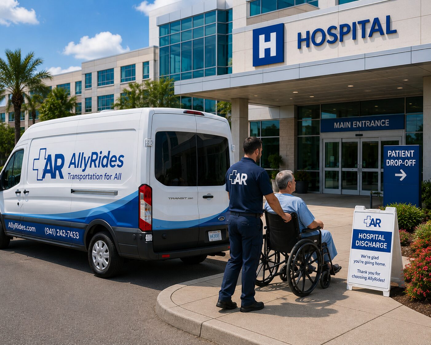 AllyRides hospital transportation van in front of a hospital