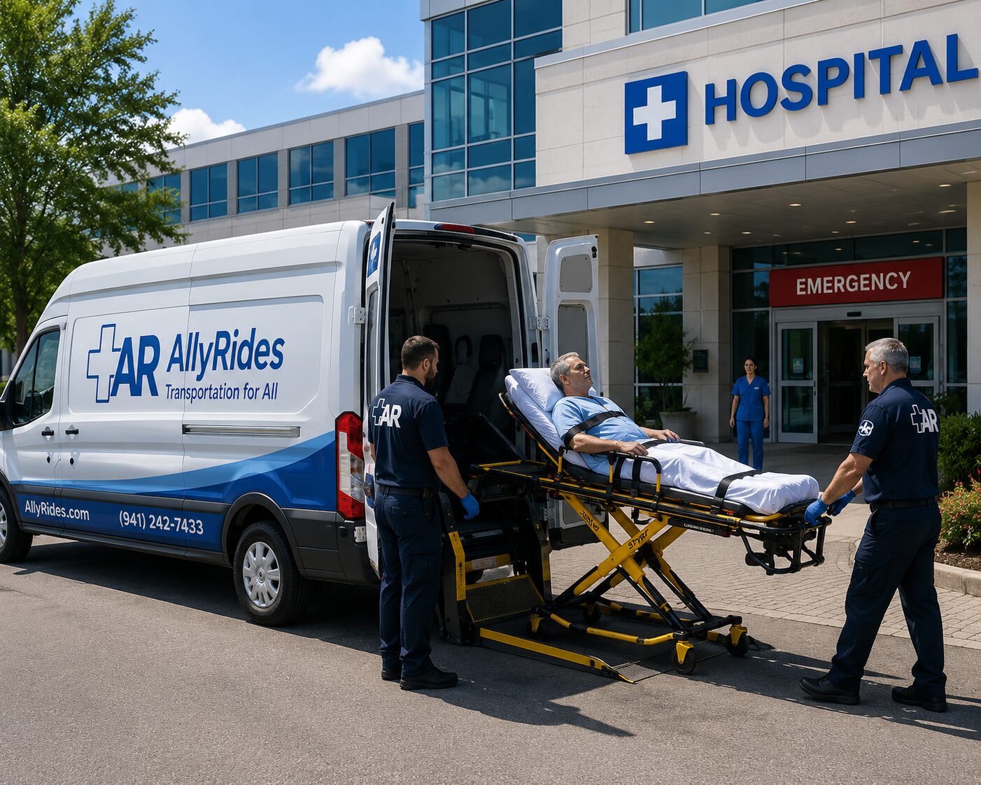 Passenger receiving wheelchair assistance before hospital transportation